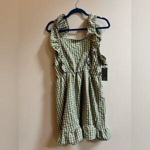 NWT Wild Fable Womens Gingham Dress Ruffle Hem Square Neck Green Yellow